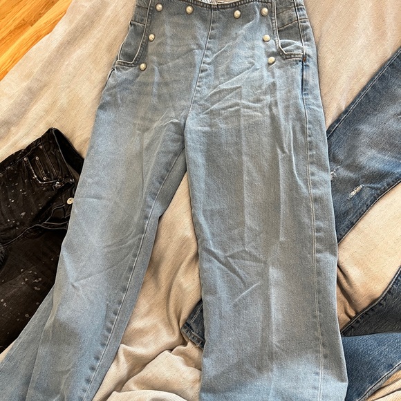 New super rare Zara PEARL buttons  denim sailor pant size 36/04 - Picture 1 of 7